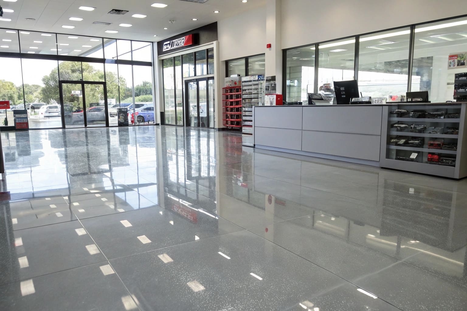 Commercial epoxy flooring installation in Buderim retail store showing glossy gray finish and professional appearance