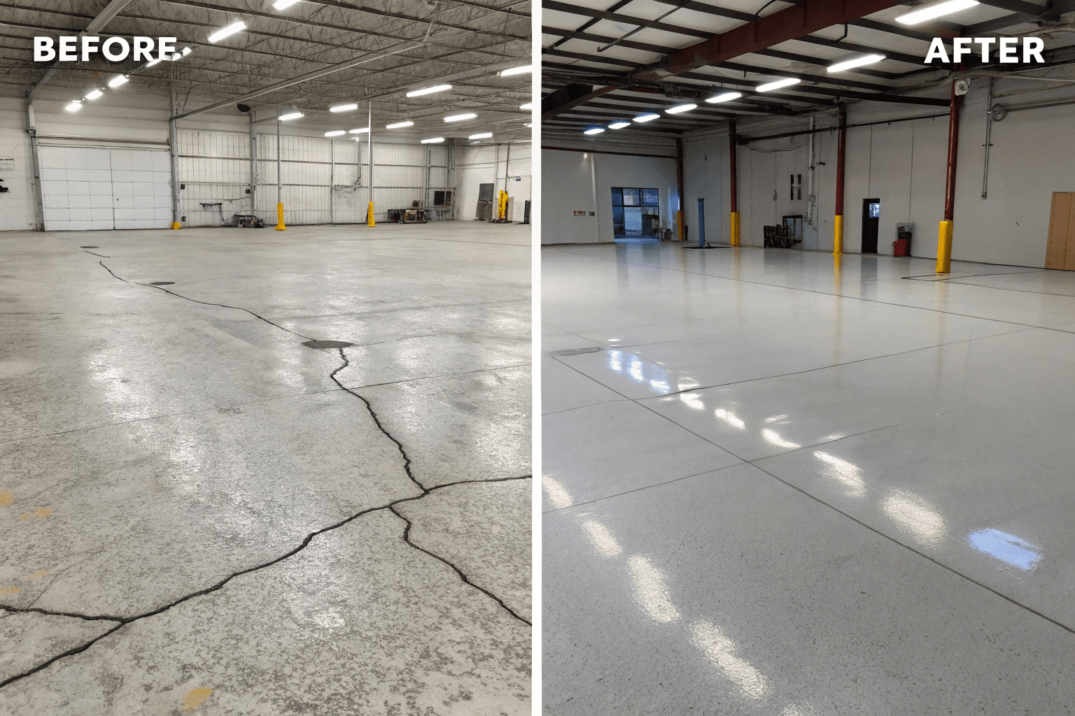 Before and after comparison of an epoxy floor restoration