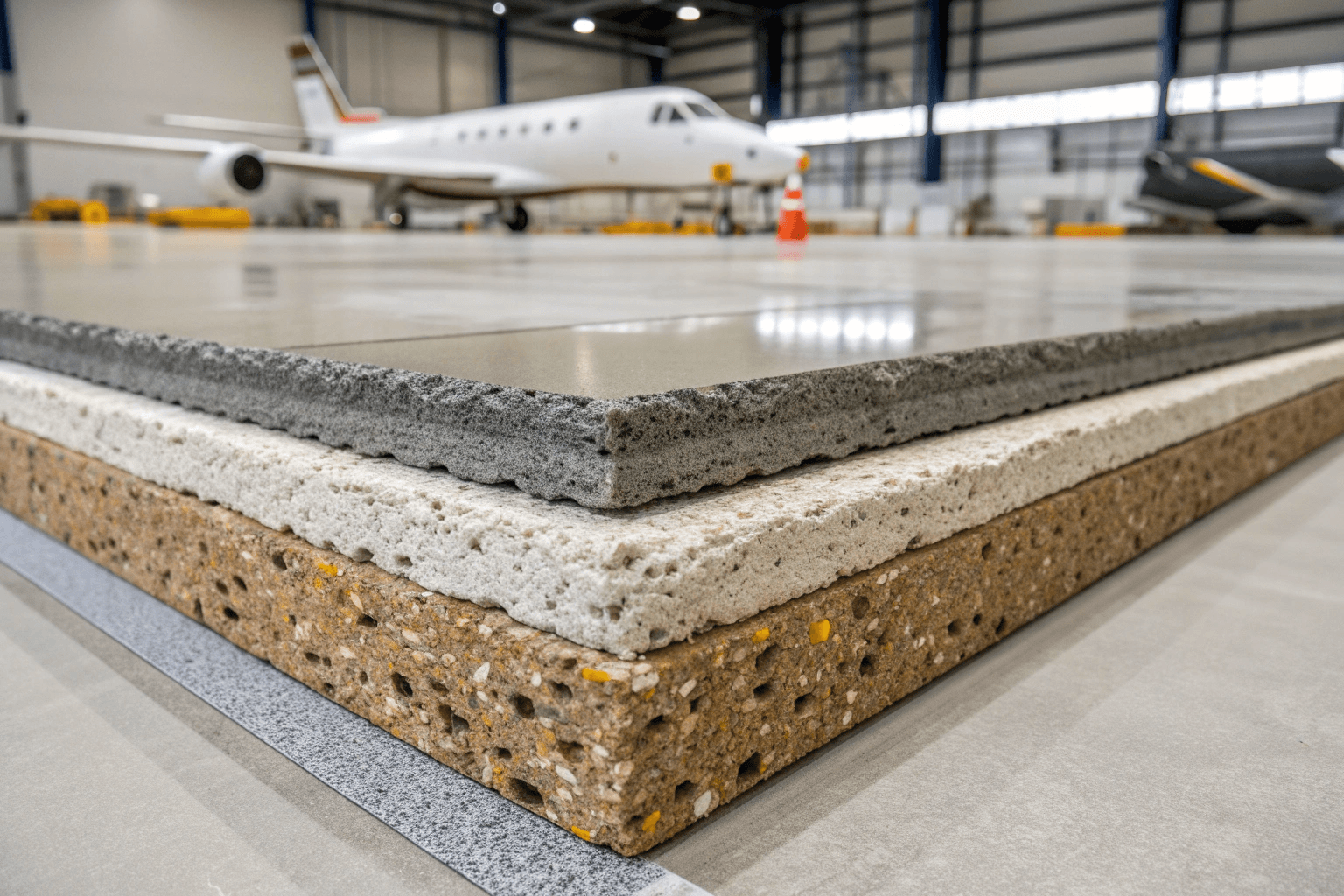 Close-up cross-section view of aviation-grade epoxy flooring