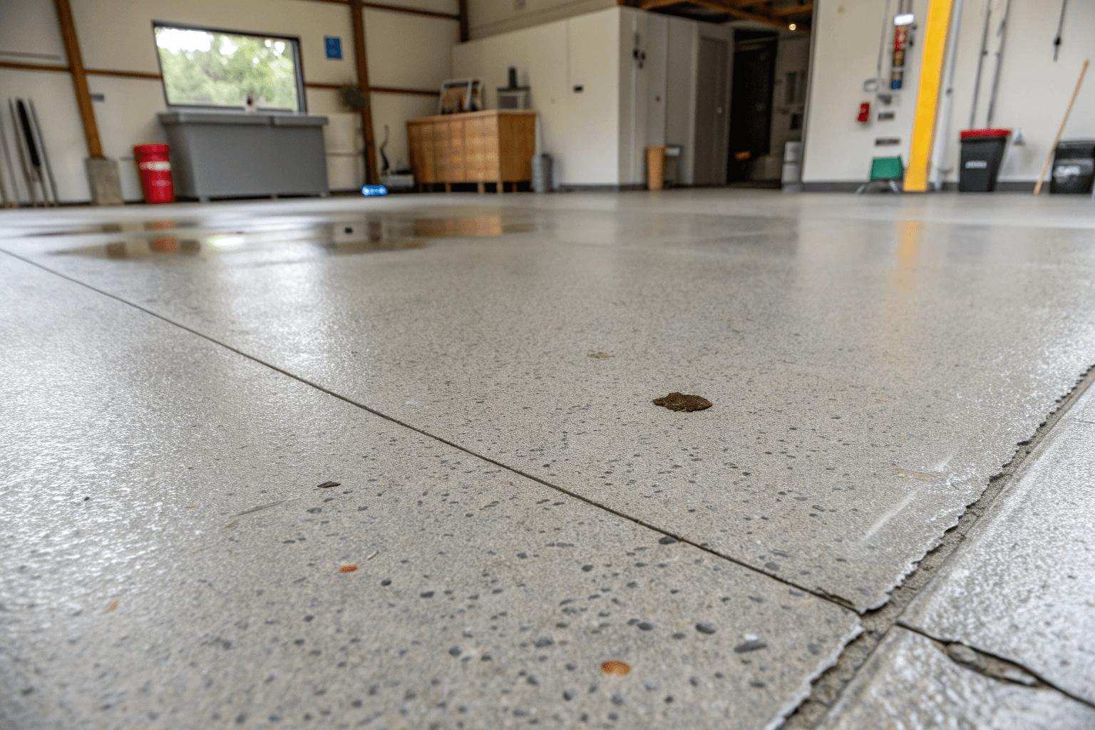 Close-up of a concrete garage floor showing visible wear