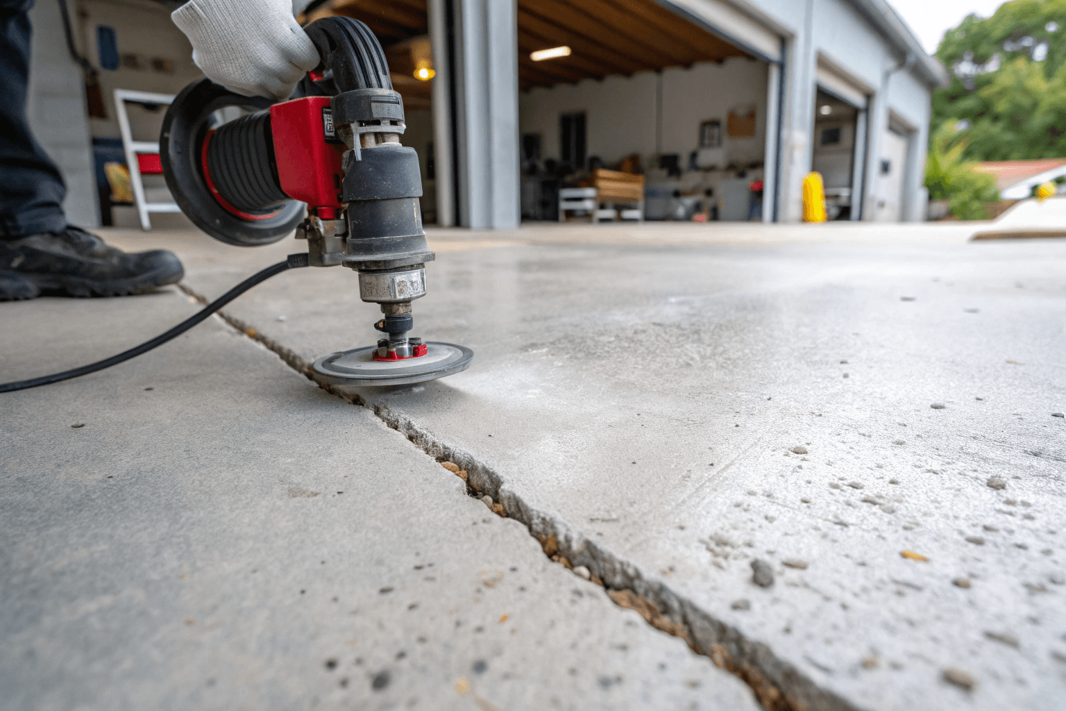 Close-up of precision crack-routing equipment used in concrete surface preparation