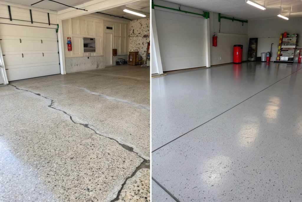 Before and after garage floor transformation showing flake epoxy flooring installation results