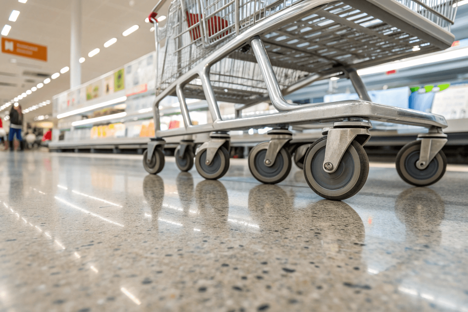 Shopping carts and retail equipment rolling over durable epoxy flooring showing no wear or damage