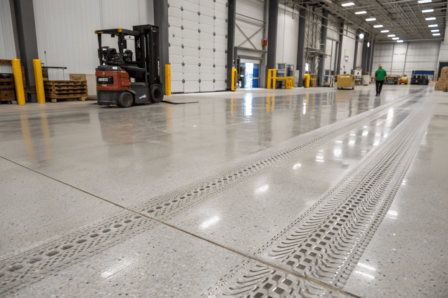 Industrial warehouse floor with professional slip-resistant additive finish