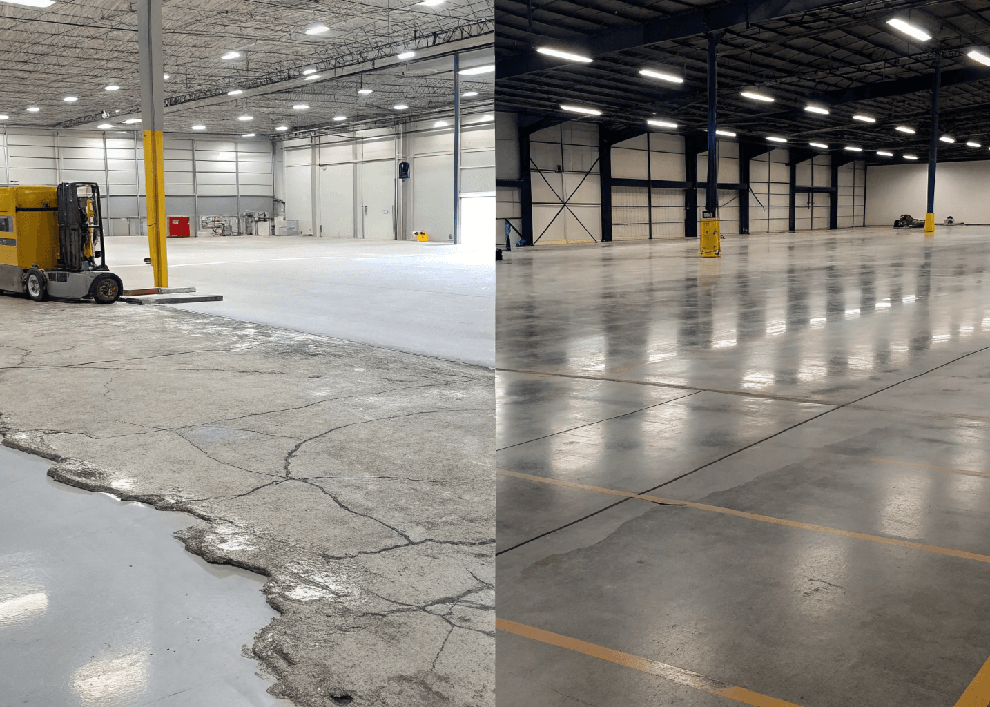Industrial warehouse floor before and after crack repair