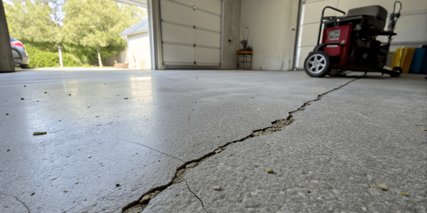 Concrete garage floor with a visible crack before repair
