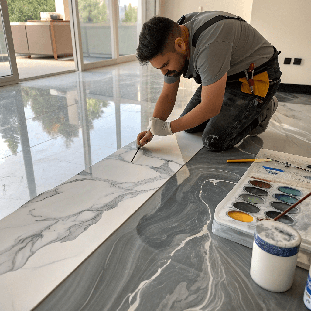 Professional artisan hand-painting realistic marble veining patterns on epoxy floor during installation on Sunshine Coast
