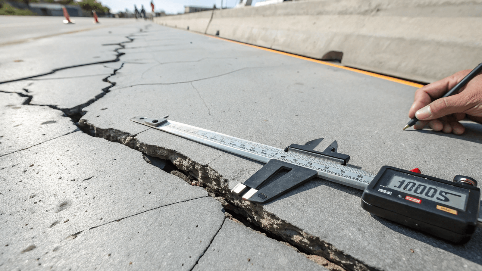 Professional using a concrete crack measurement tool