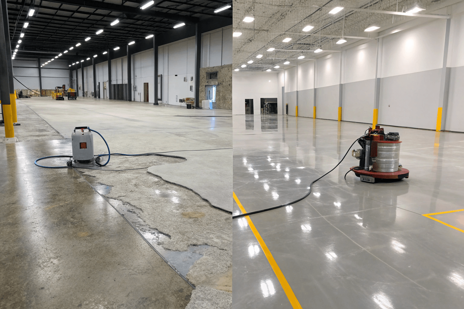 Split-view of the old-tile-to-epoxy floor conversion process