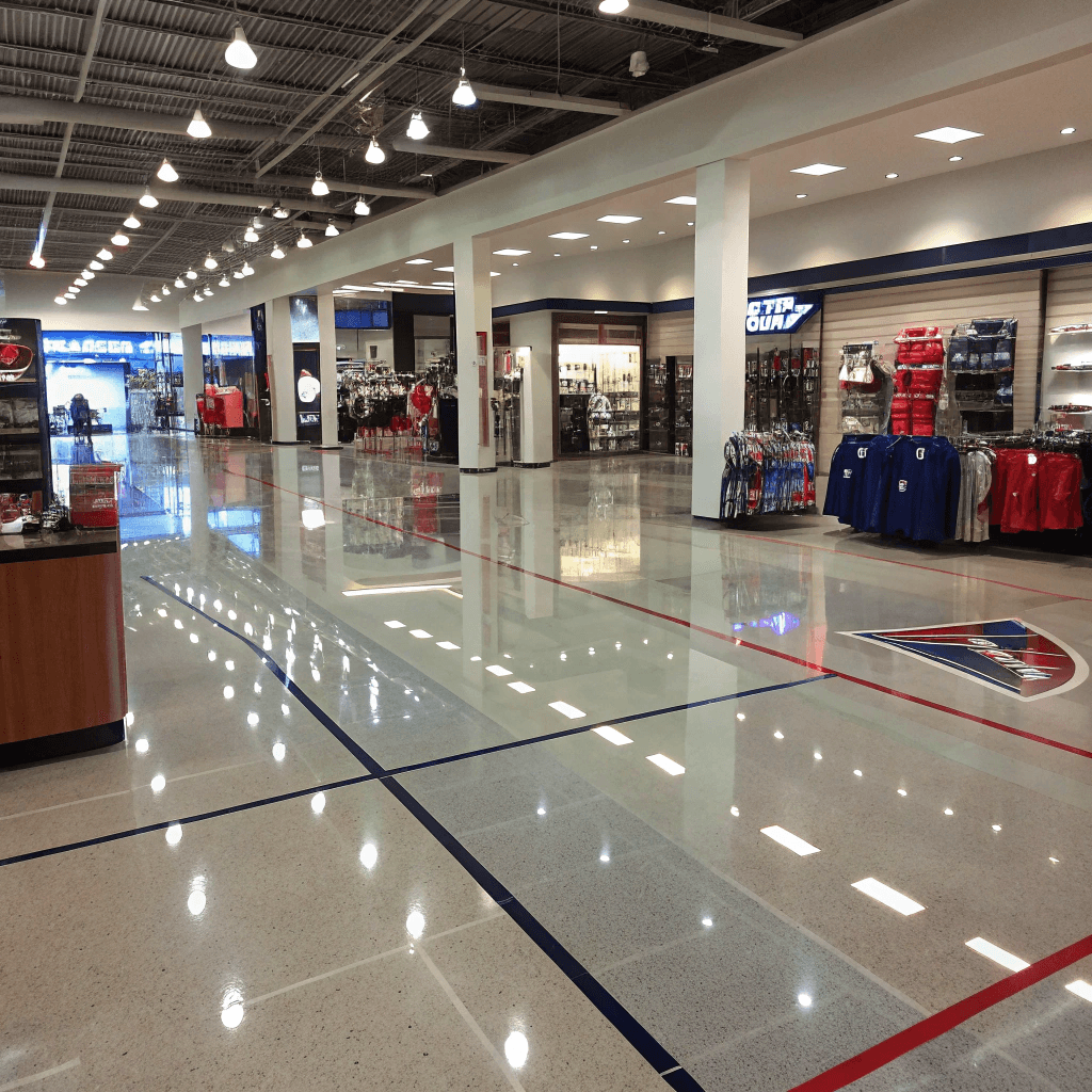 Retail store with glossy epoxy flooring in brand colors, guiding patterns, and bright reflective surfaces enhancing product displays.