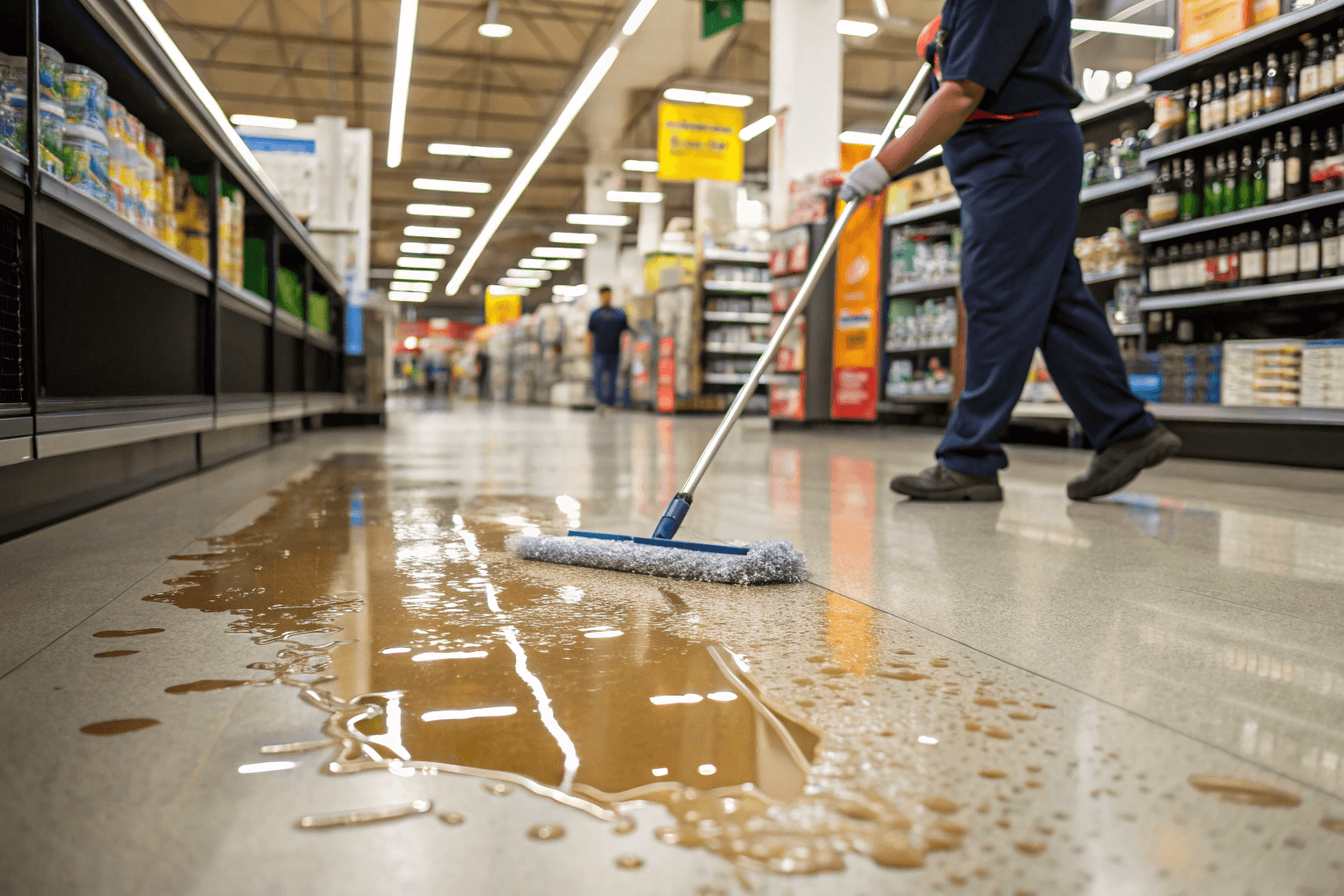 Easy cleanup of retail spills on stain-resistant epoxy flooring with simple mopping