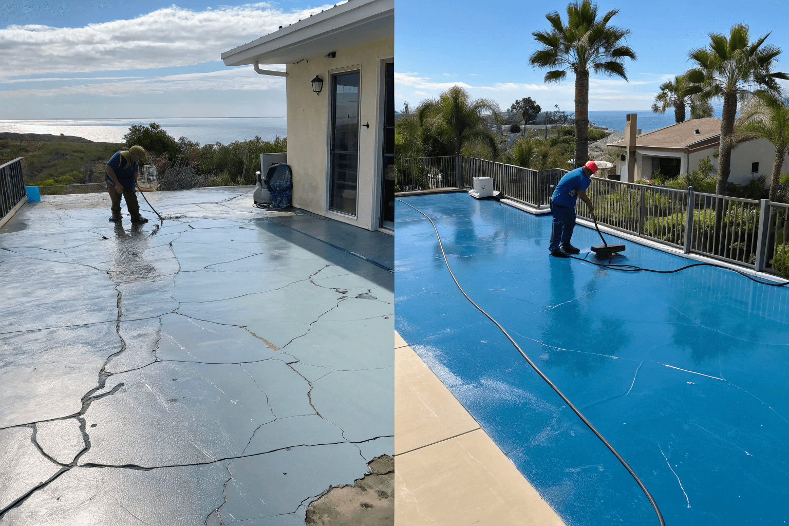 Before and after of a Sunshine Coast patio epoxy coating