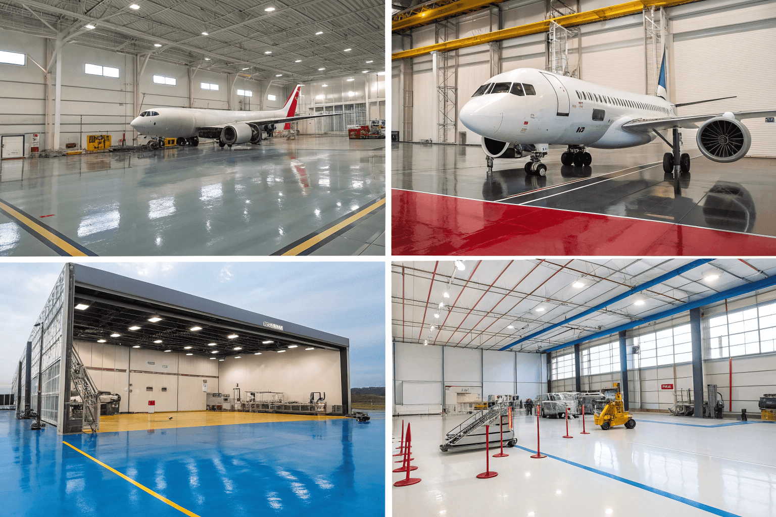 Split-screen montage of five different aviation epoxy flooring finishes