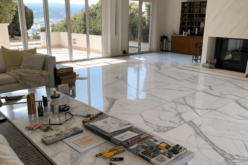 Carrara marble-pattern epoxy flooring flowing seamlessly across a floor