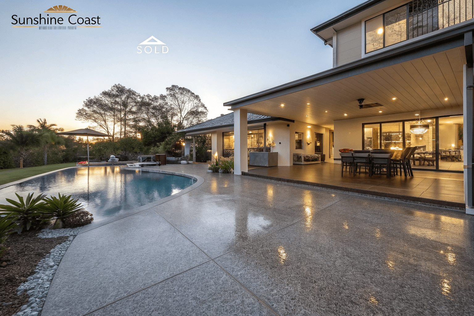 Sunshine Coast home with premium epoxy-coated patio showing increased property value and reduced maintenance costs compared to untreated concrete surfaces