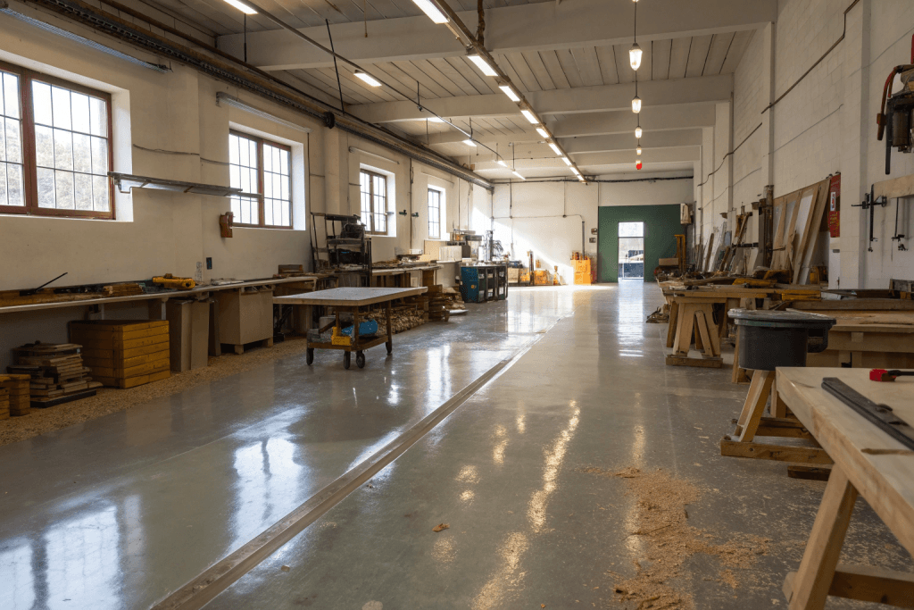 Interior of a rural workshop with a finished epoxy-coated floor