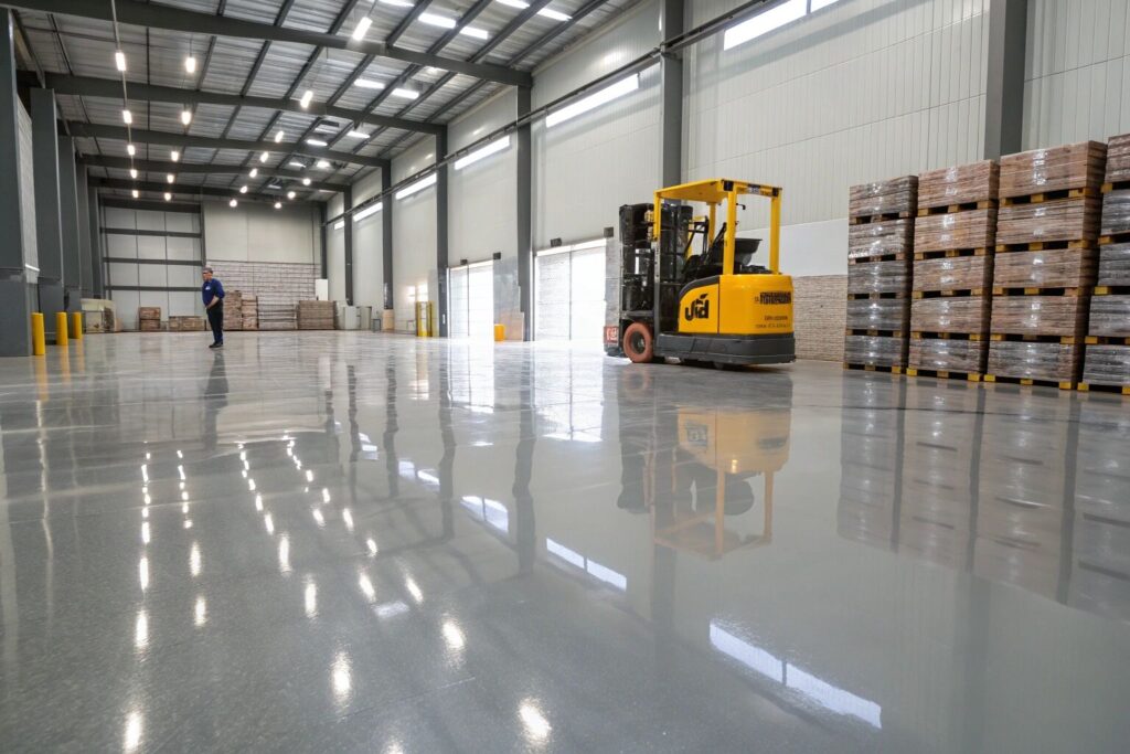 Modern industrial warehouse interior with glossy grey epoxy floor
