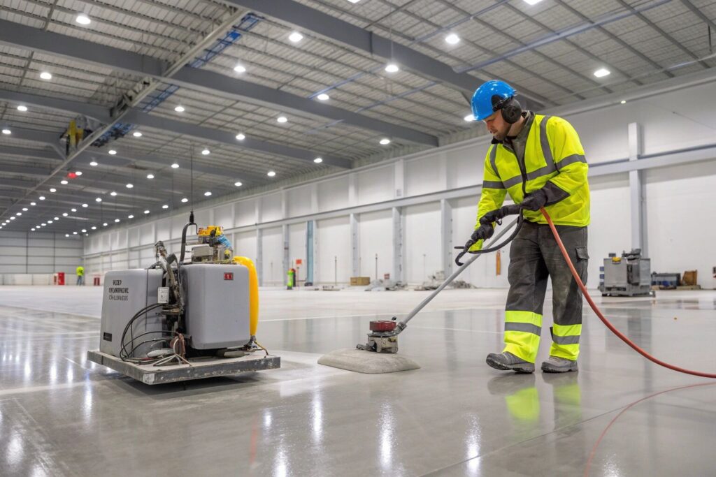Professional installer in high-vis safety gear applying epoxy base coat