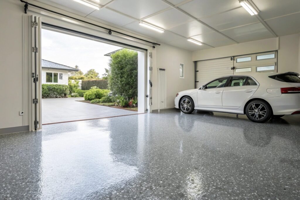 Glossy flake epoxy garage floor in a Sunshine Coast home with natural light
