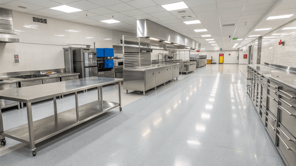 Bright, seamless commercial kitchen floor with food-grade epoxy coating
