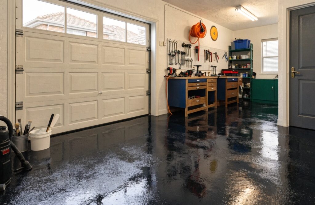 Neat epoxy coated workshop garage floor in a Queensland home