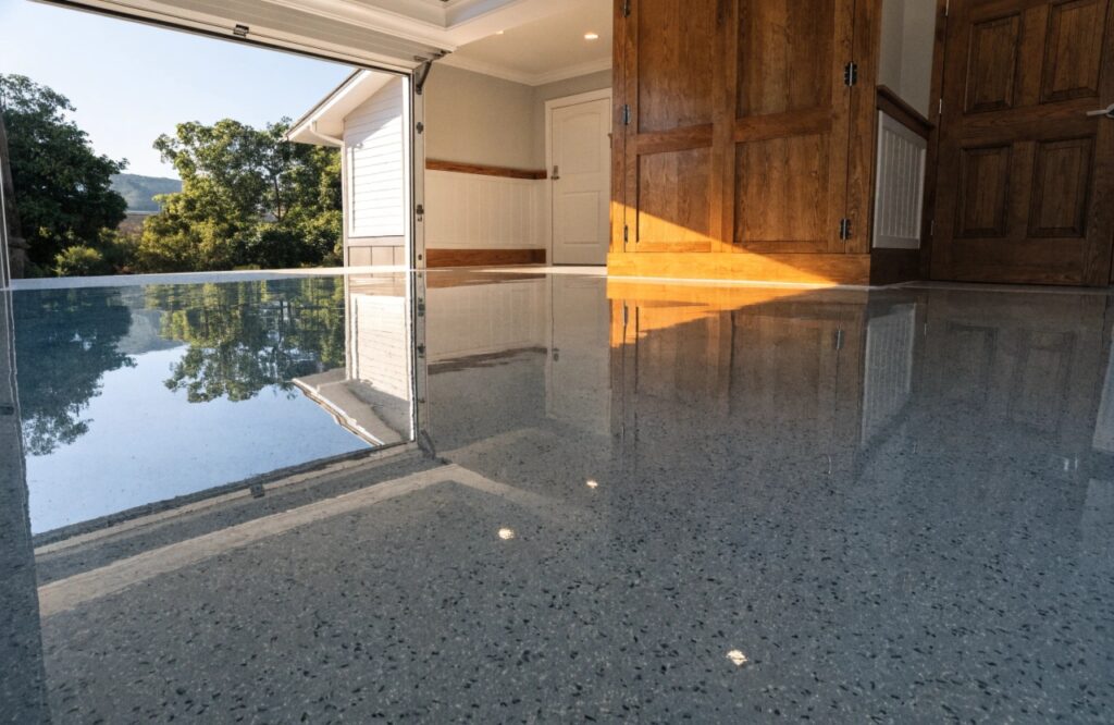 Residential epoxy garage floor with flake finish in a Nambour Queensland home