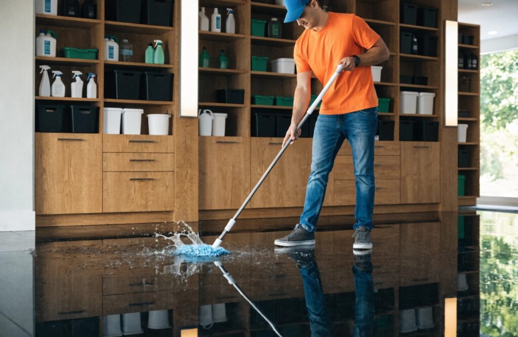 Homeowner maintaining epoxy garage floor with mop in Australian home