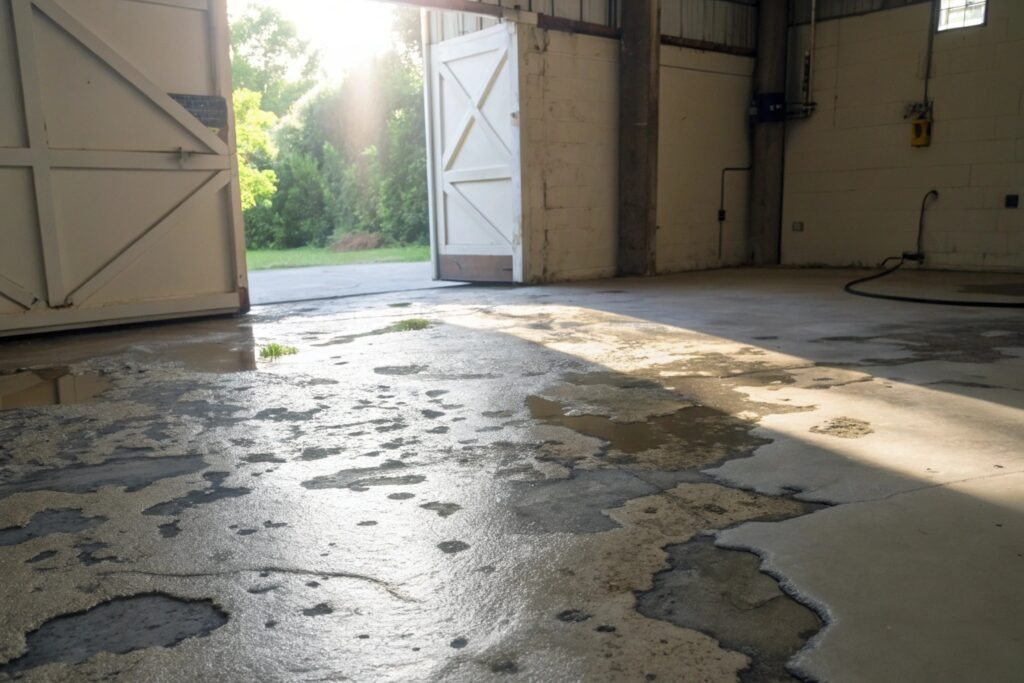 Peeling and bubbling garage floor coating caused by coastal humidity and moisture