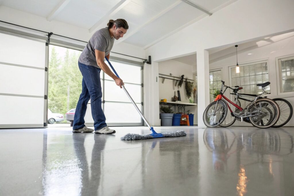 Homeowner mopping epoxy garage floor with microfibre mop