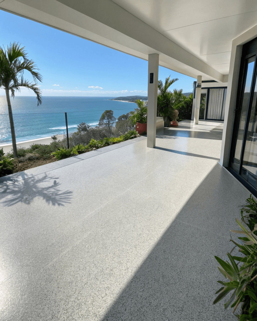Outdoor epoxy patio coating in a coastal Mooloolaba home