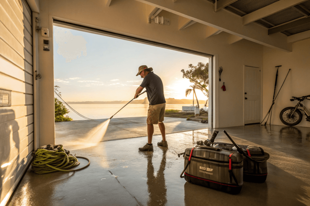 Sunshine Coast homeowner in weekend clothing beside a boat and epoxy garage floor