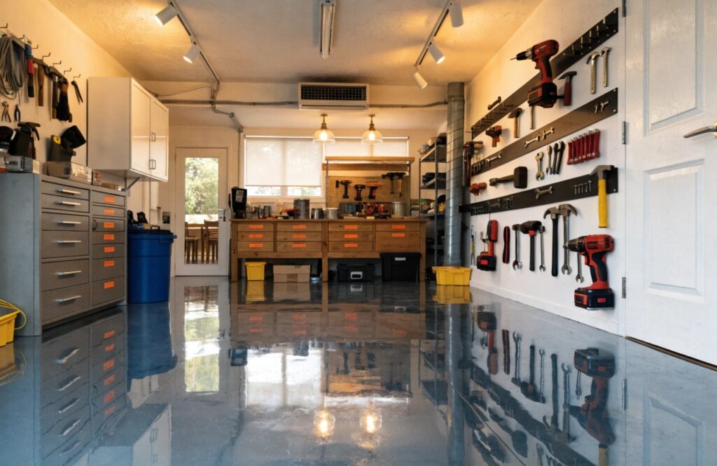 Organised Australian garage with clean epoxy floor and wall-mounted tools