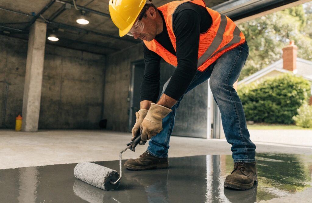Tradesperson applying epoxy floor coating to concrete garage slab during professional installation