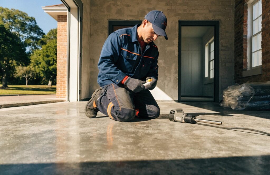Contractor inspecting concrete slab for moisture before epoxy installation