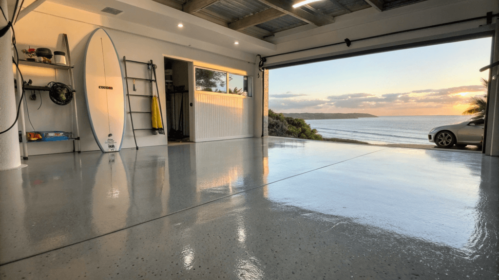 Pristine epoxy garage floor in a Mooloolaba coastal home