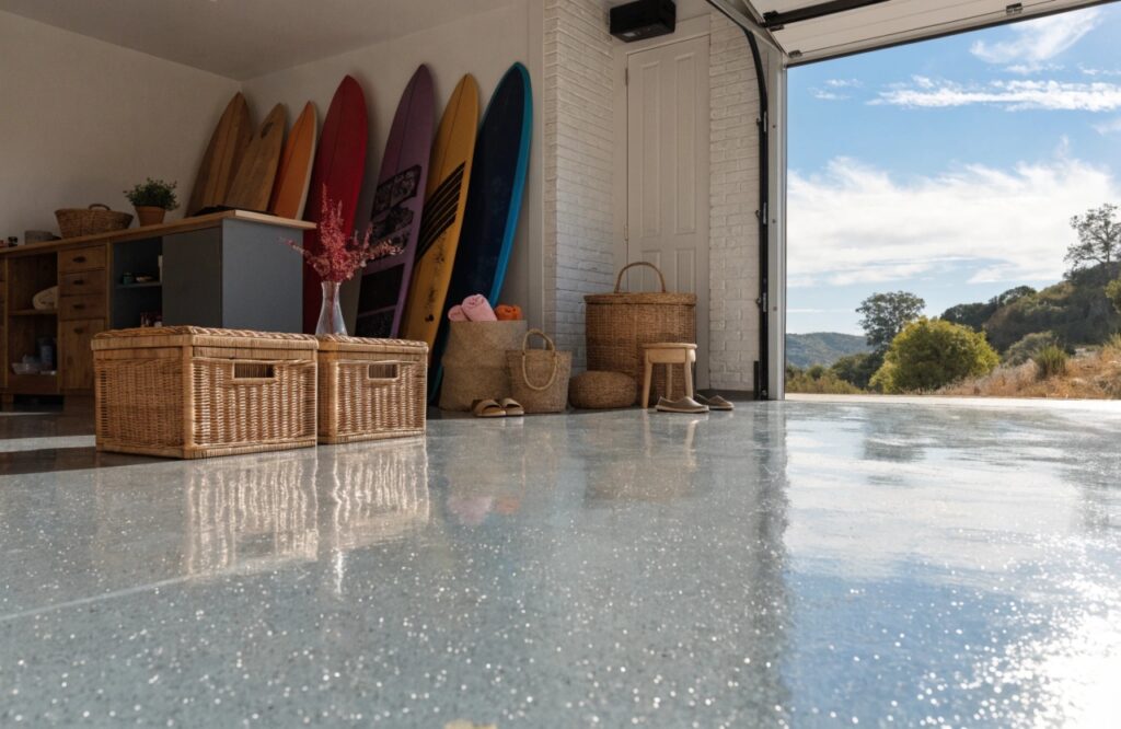 Grey flake epoxy garage floor in a Sunshine Coast home