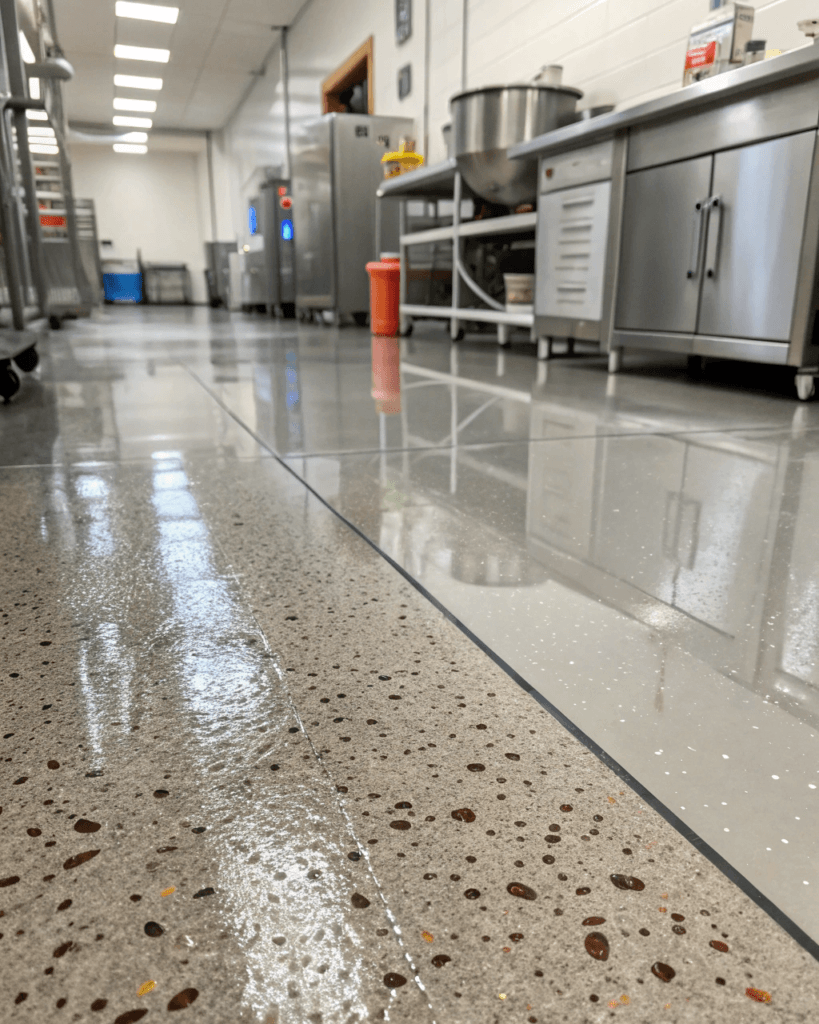 Close-up of anti-slip aggregate texture on a food-safe epoxy floor