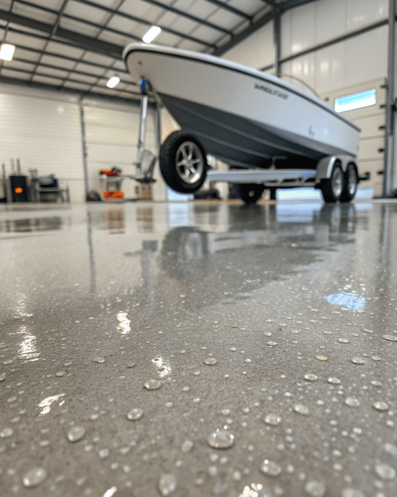 Macro shot of broadcast aggregate epoxy texture for anti-slip performance