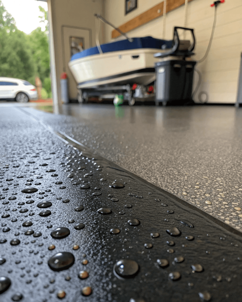 Close-up of a deep charcoal epoxy garage floor surface