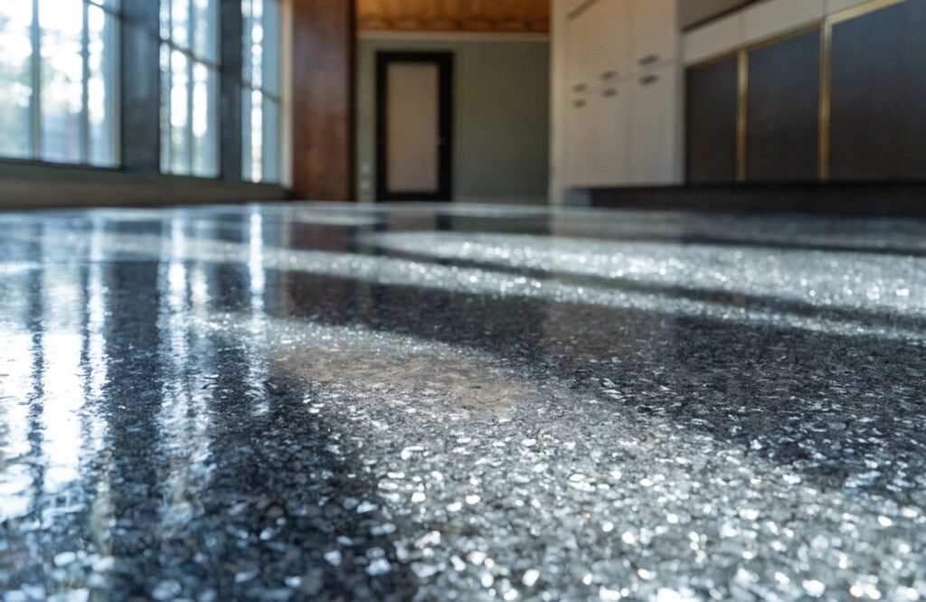Close-up of flake epoxy flooring with glossy reflective finish