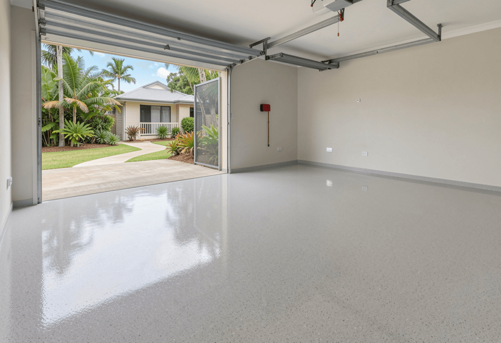 Epoxy floor coating in an Australian beachfront garage