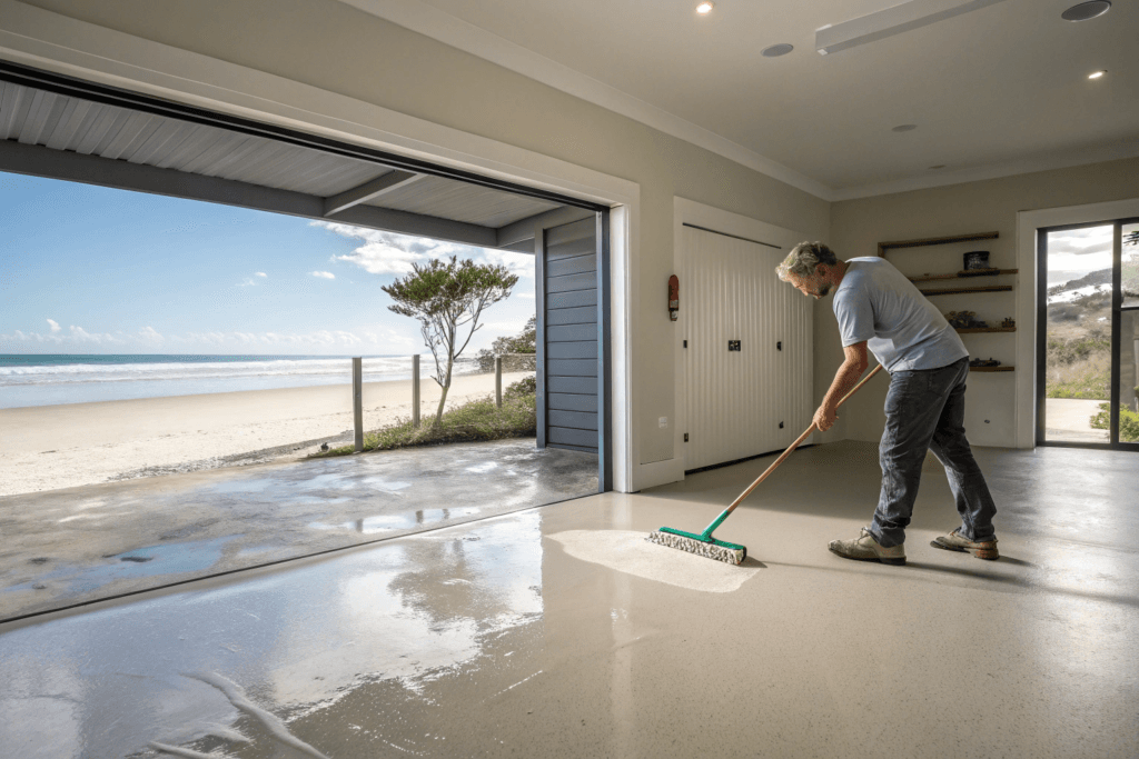 Light grey satin-finish epoxy floor, showing sand and salt residue management