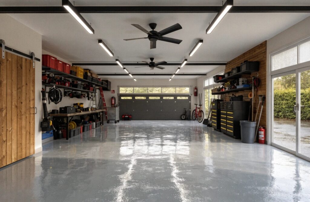 Freshly installed epoxy garage floor in an Australian home workshop with clean grey finish