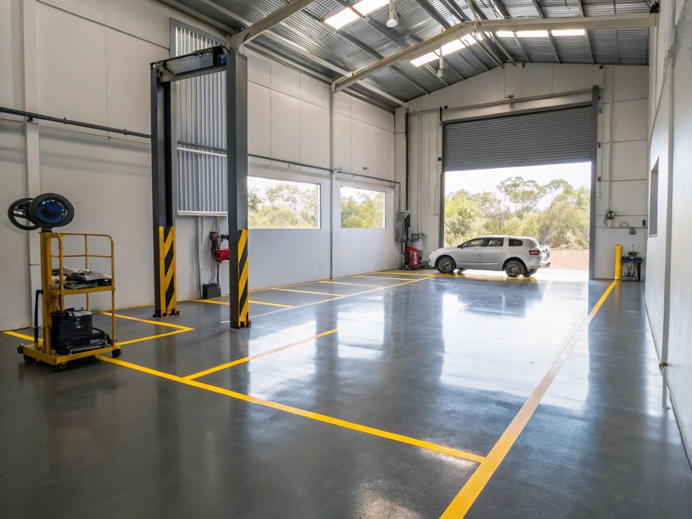 Automotive workshop bay with dark grey epoxy floor coating and vehicle hoist, Sunshine Coast