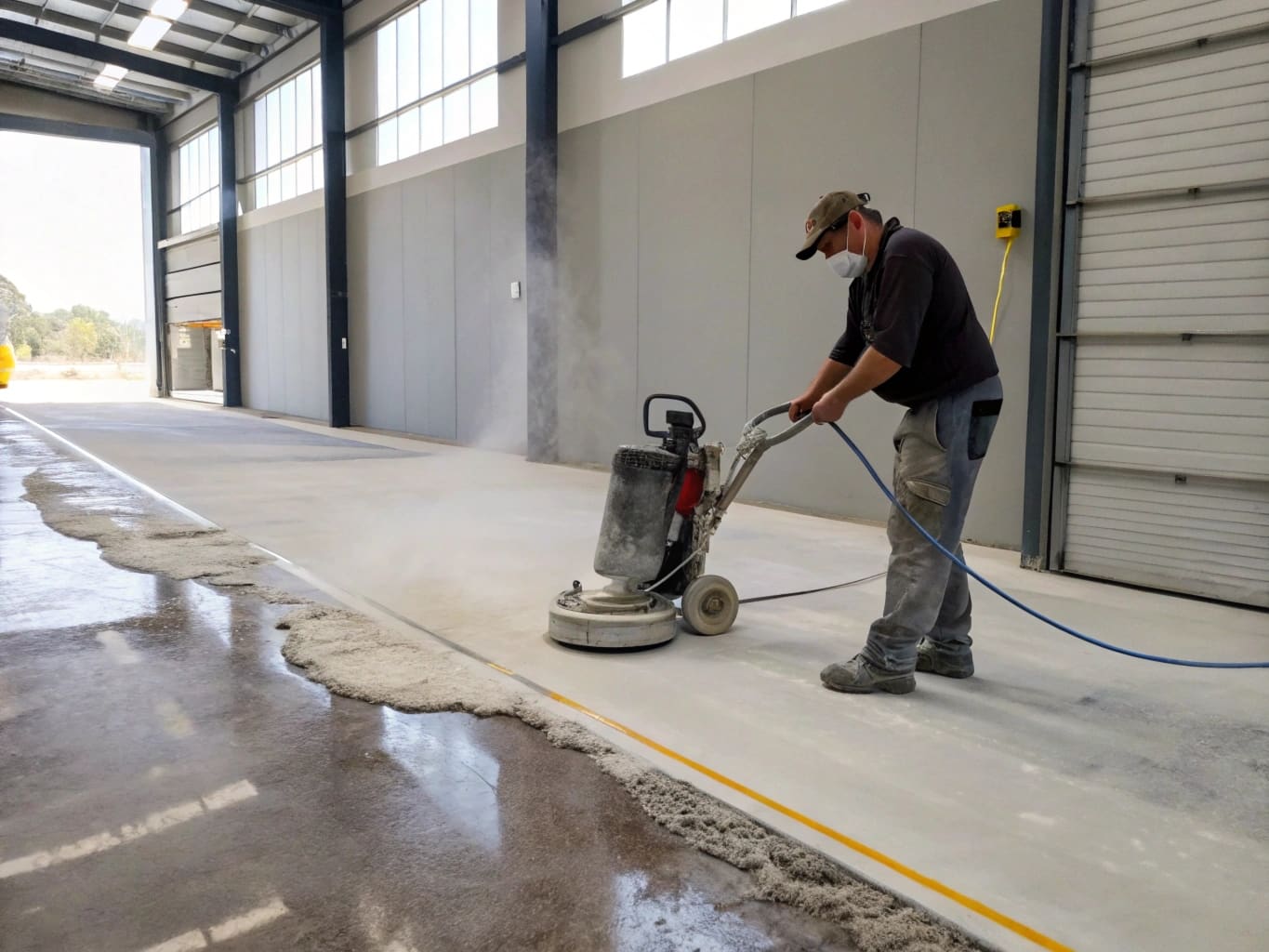 Dust-extraction-fitted grinder removing old epoxy coating with proper safety protocols, Sunshine Coast