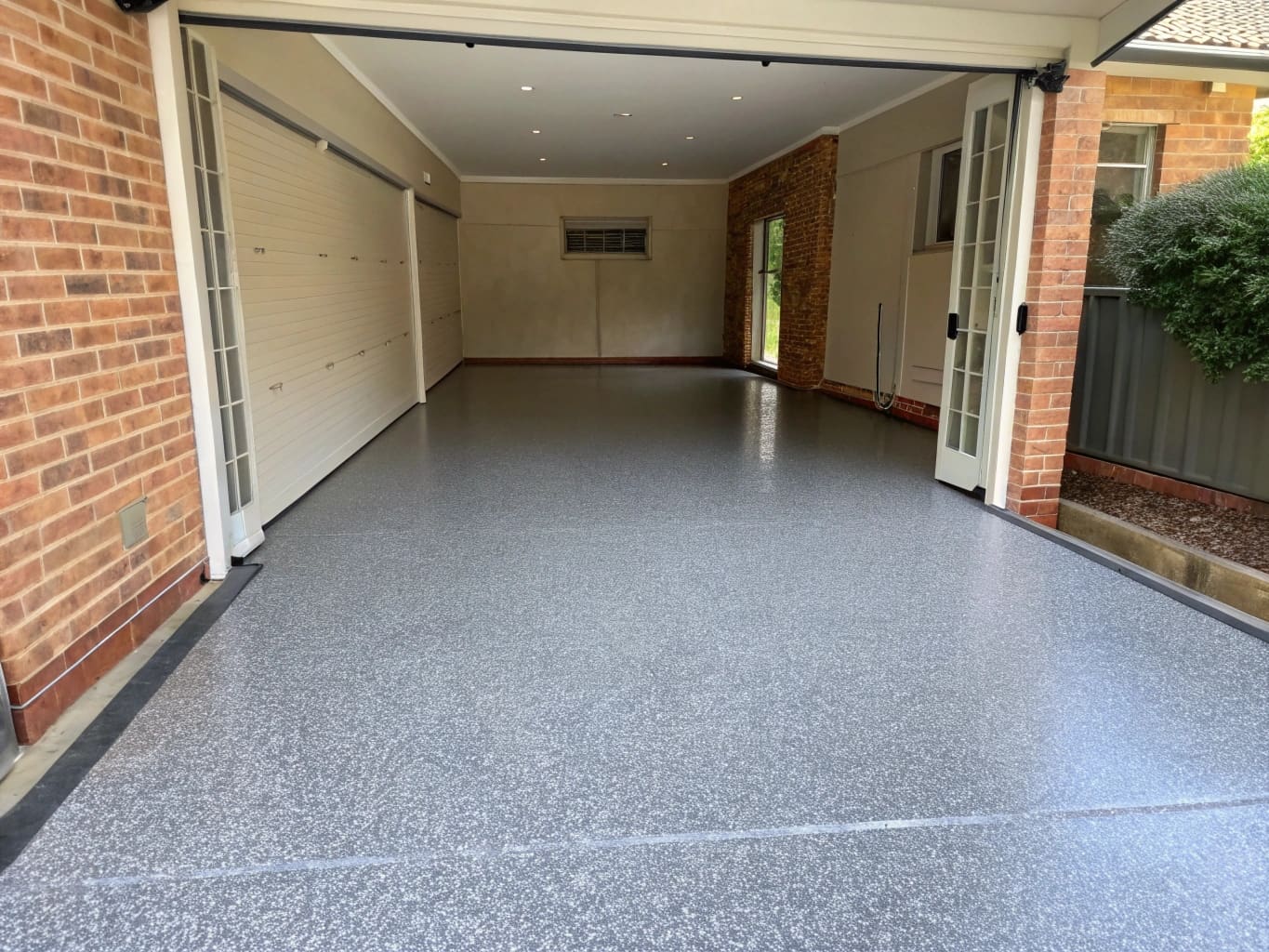 Finished glossy grey flake epoxy garage floor, Sunshine Coast