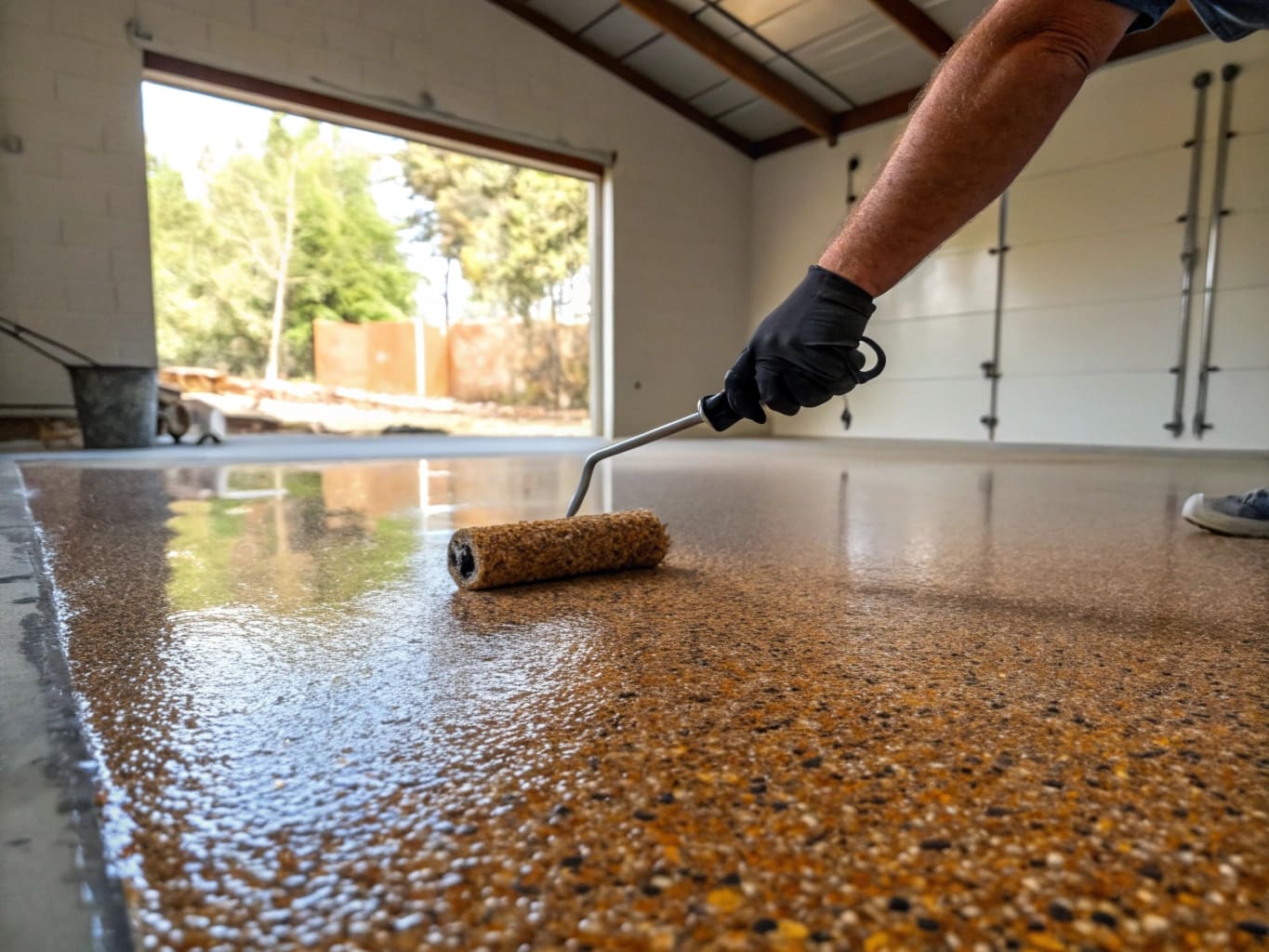 Quartz aggregate epoxy flooring being applied to a Sunshine Coast garage floor